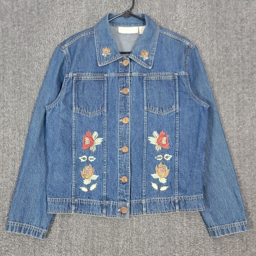 Monroe & Main Jacket Womens Large Blue Denim Floral Embroidered Boho Button Up